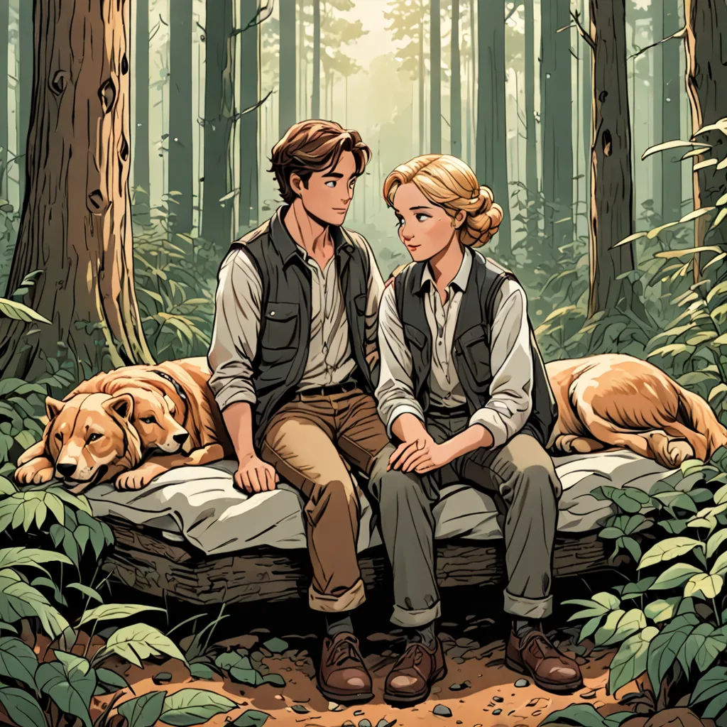a man and a woman sitting on a bed in the woods with a dog laying on the ground next to them, neo-romanticism, a storybook illustration, Brothers Hildebrandt, official art