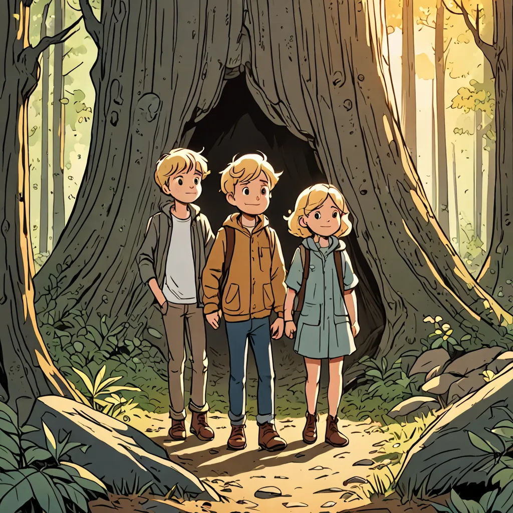 a couple of people standing in front of a tree in a forest with a light shining on them and a tunnel in the middle, process art, a comic book panel, Cliff Childs, official art