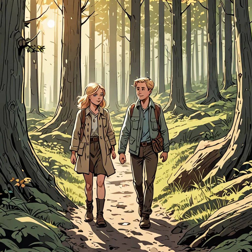 a man and a woman walking through a forest together, with the sun shining through the trees behind them, process art, a comic book panel, Dan Mumford, official art