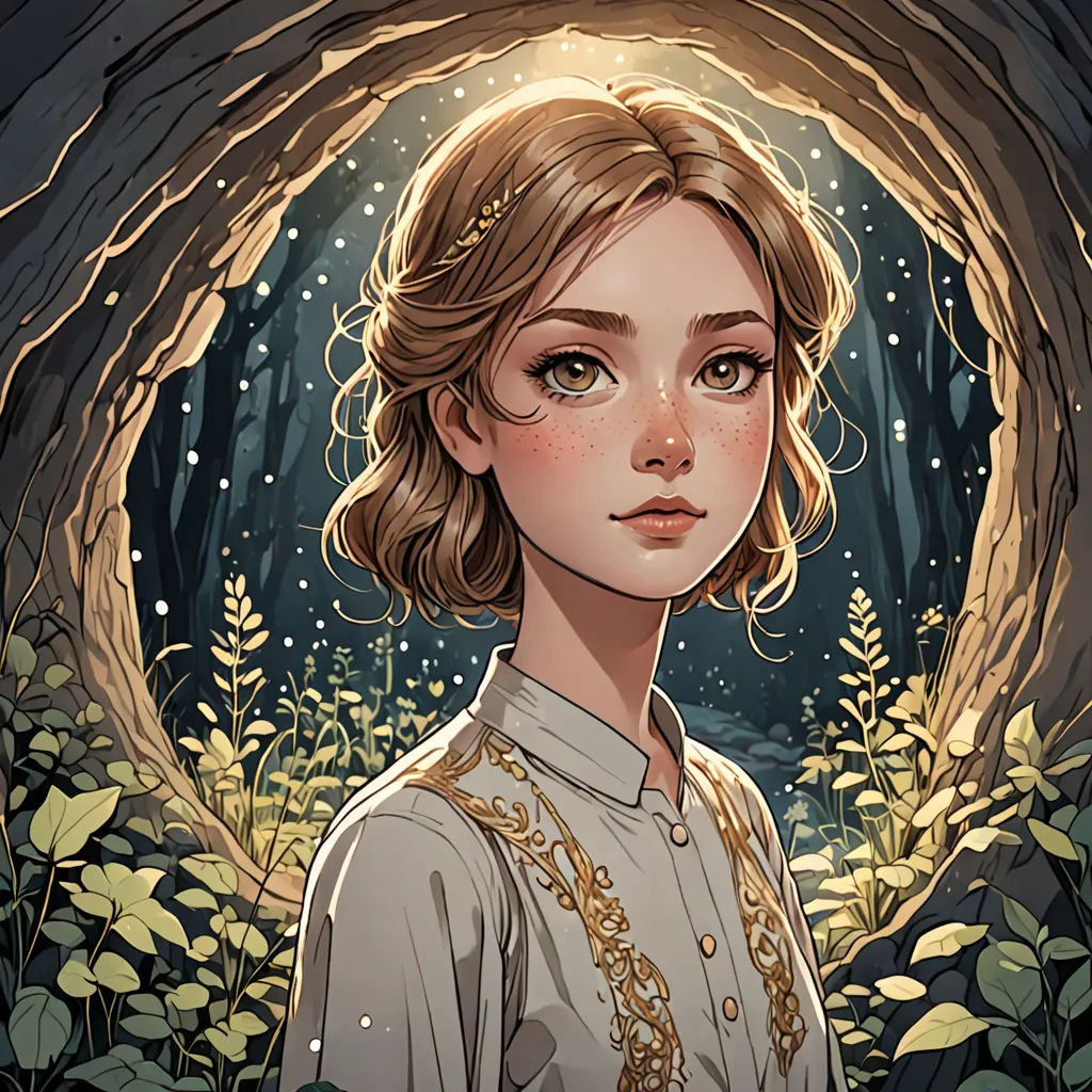 a girl in a white shirt is standing in a forest with a tree trunk and a light shining through her eyes, fantasy art, a character portrait, Charlie Bowater, rossdraws global illumination