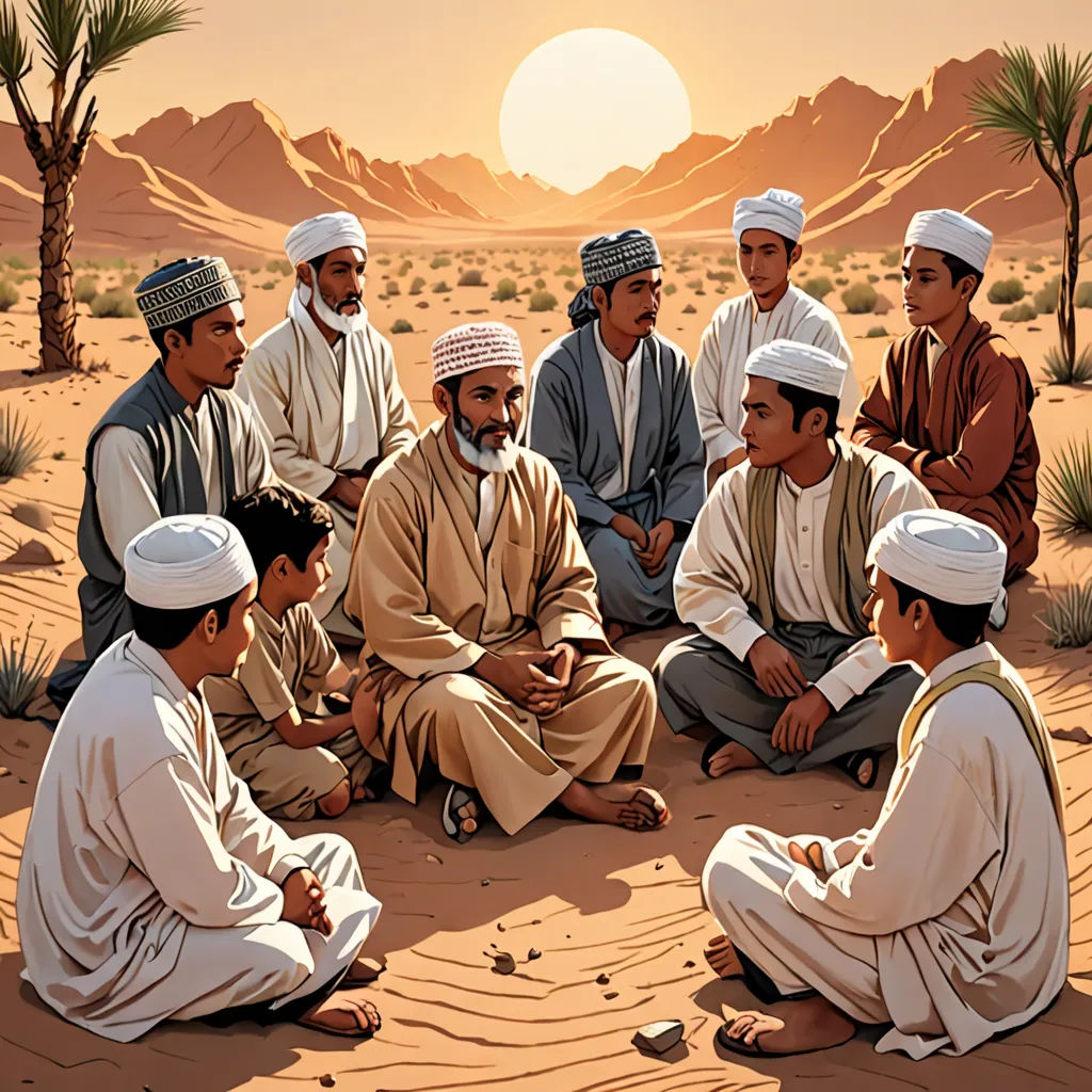 a group of men sitting on top of a desert field next to each other on a desert field with a sunset in the background, hurufiyya, a storybook illustration, Art & Language, graphic novel