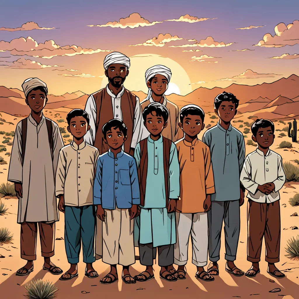 a group of people standing in the desert with a sunset in the background and a desert landscape in the background, hurufiyya, a storybook illustration, Brothers Hildebrandt, graphic novel