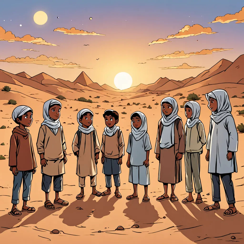 a group of people standing in the desert at sunset with mountains in the background and a sun setting behind them, hurufiyya, a comic book panel, Asaf Hanuka, comic cover art