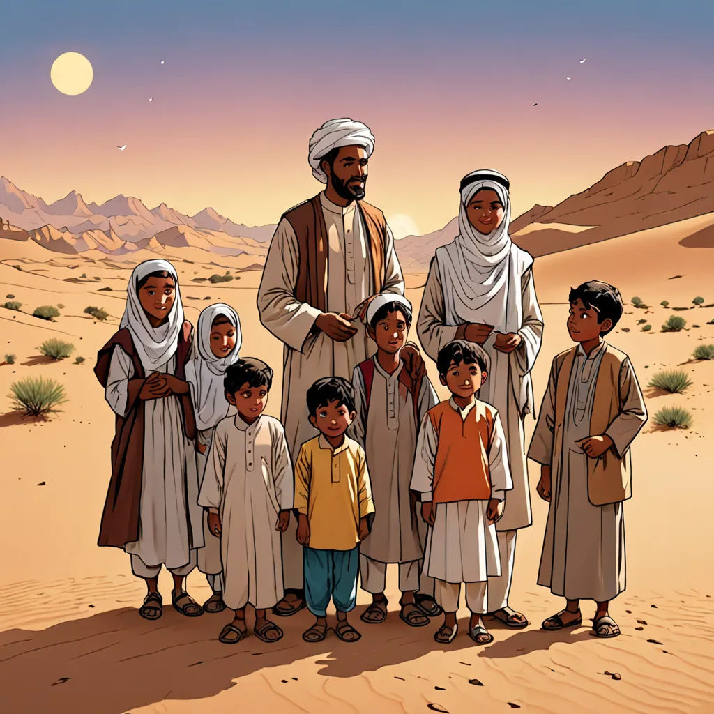 a group of people standing in the desert with a desert background and a full moon in the sky above them, hurufiyya, a storybook illustration, Asaf Hanuka, graphic novel