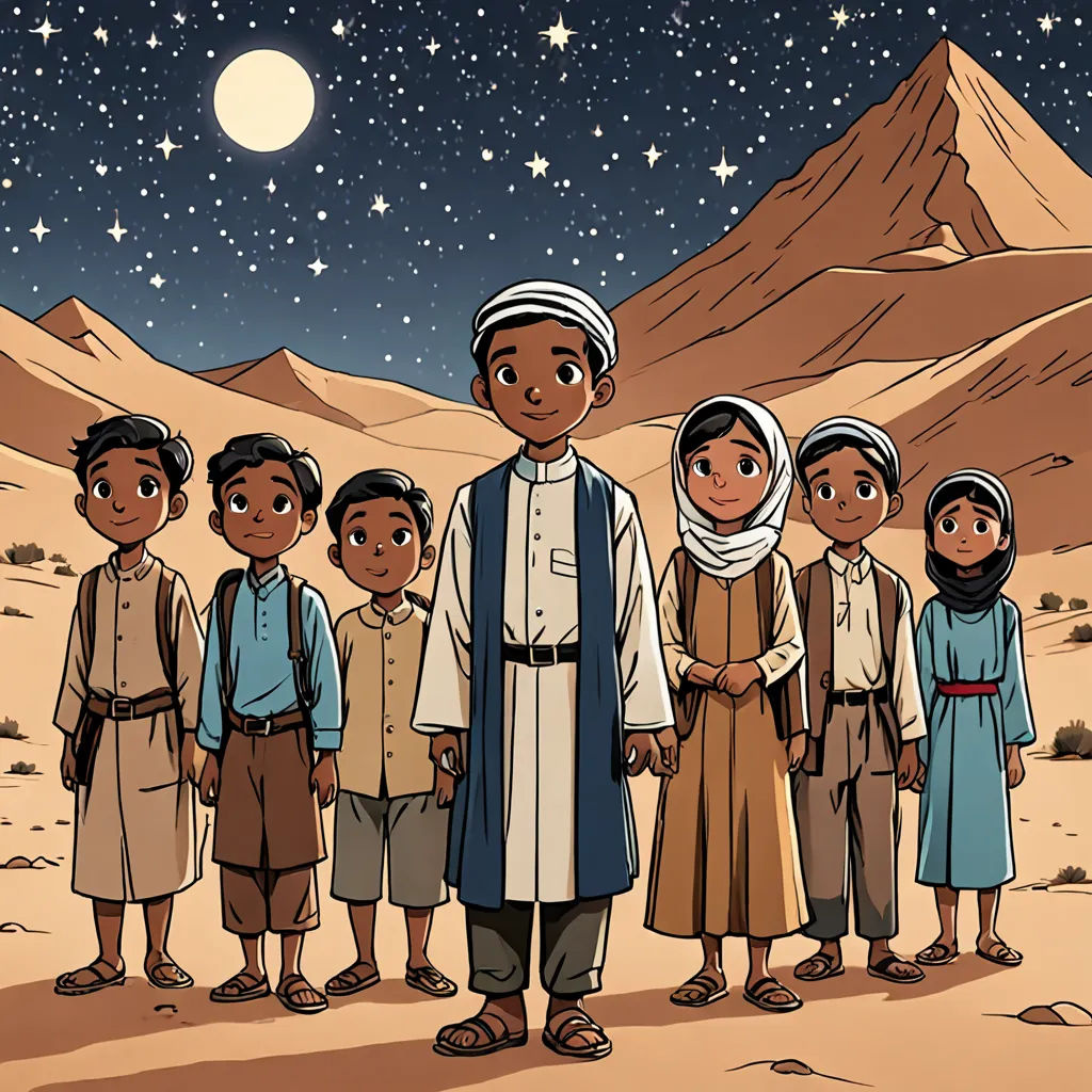 a group of people standing in the desert under a night sky with stars and a moon in the sky, hurufiyya, a storybook illustration, Asaf Hanuka, promotional image
