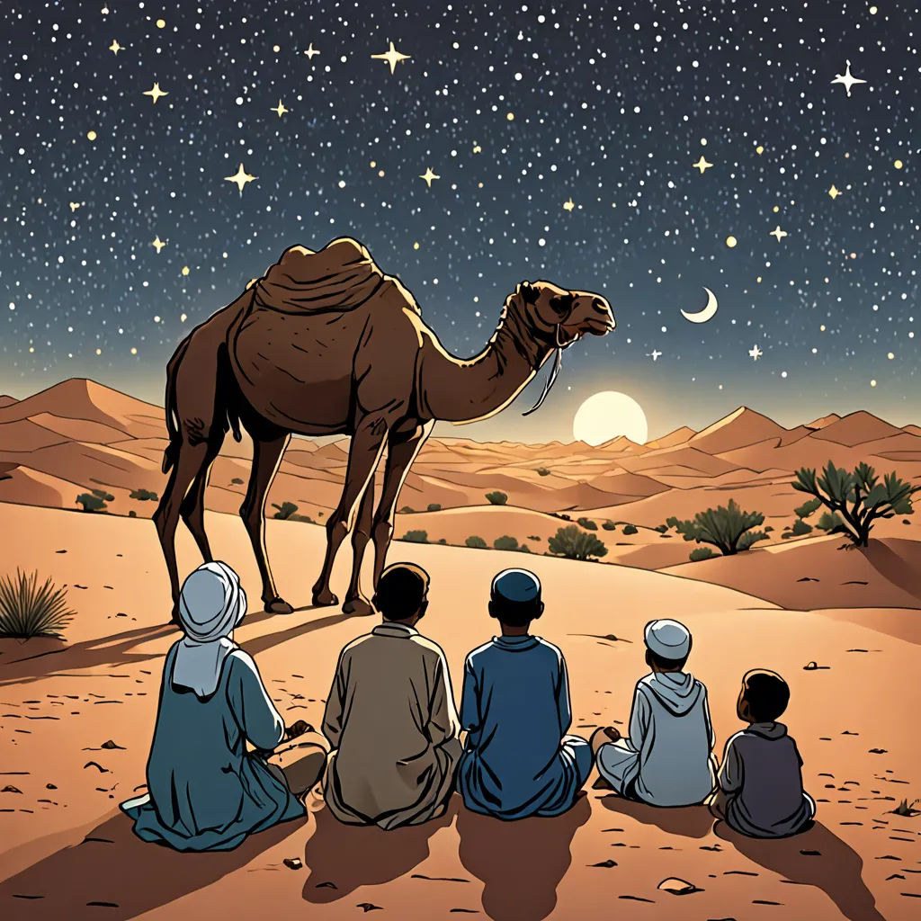 a group of people sitting on a desert with a camel in the background and a star filled sky above, dau-al-set, a storybook illustration, Asaf Hanuka, desert