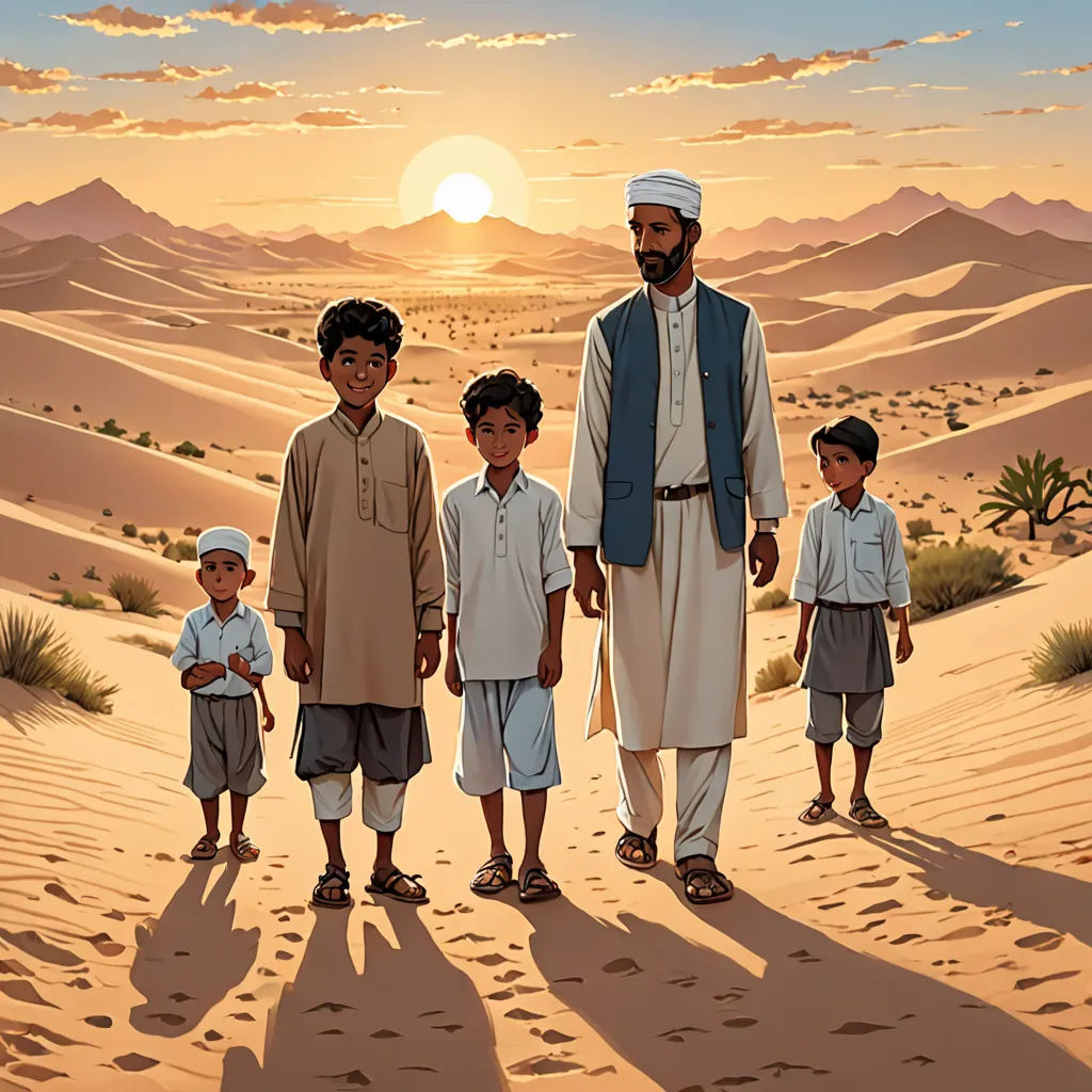 a painting of a man and five children standing in the desert at sunset with a desert landscape in the background, hurufiyya, a storybook illustration, Brothers Hildebrandt, orientalism