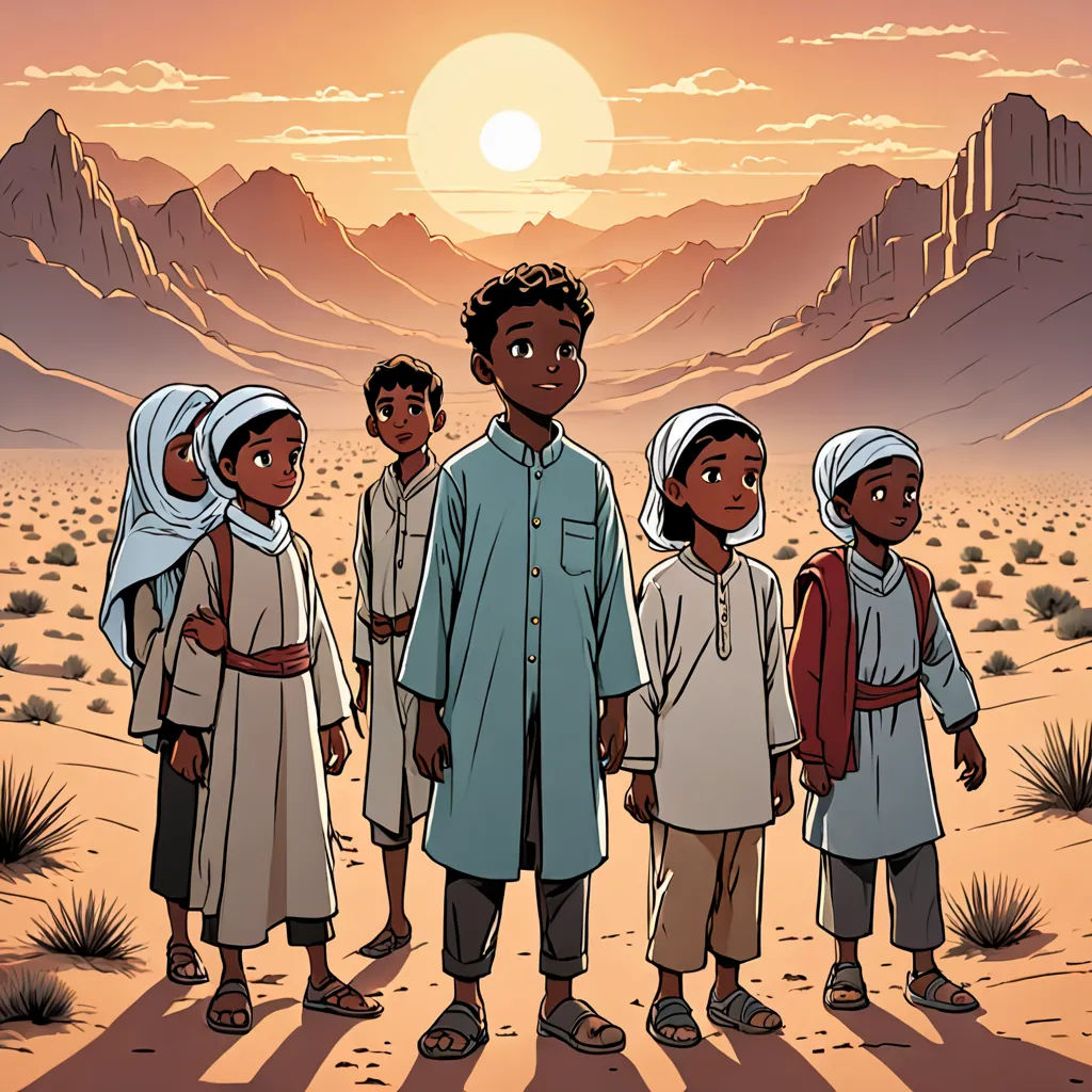 a group of people standing in the desert at sunset with mountains in the background and a sun setting behind them, hurufiyya, a storybook illustration, Asaf Hanuka, comic cover art