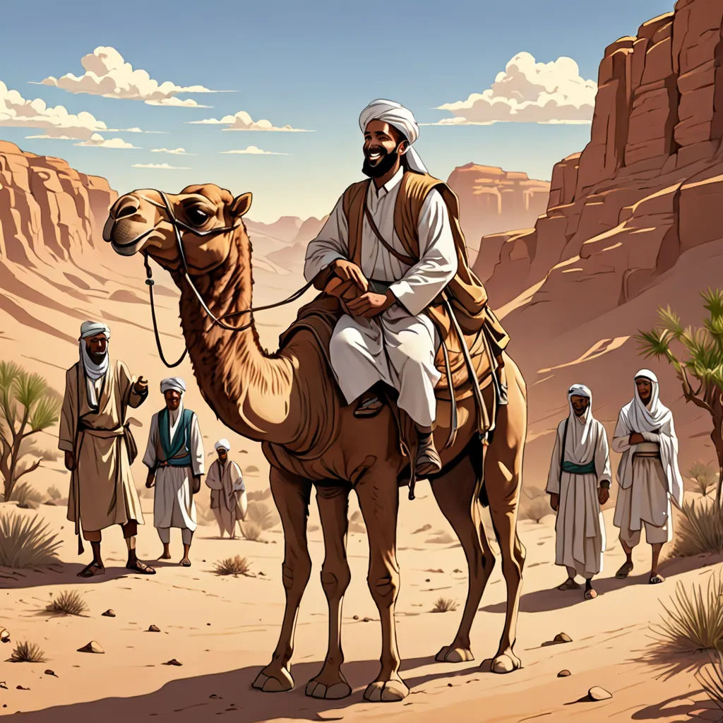 a man riding a camel in the desert with other men standing around him and a desert landscape behind him, dau-al-set, a storybook illustration, Asaf Hanuka, desert