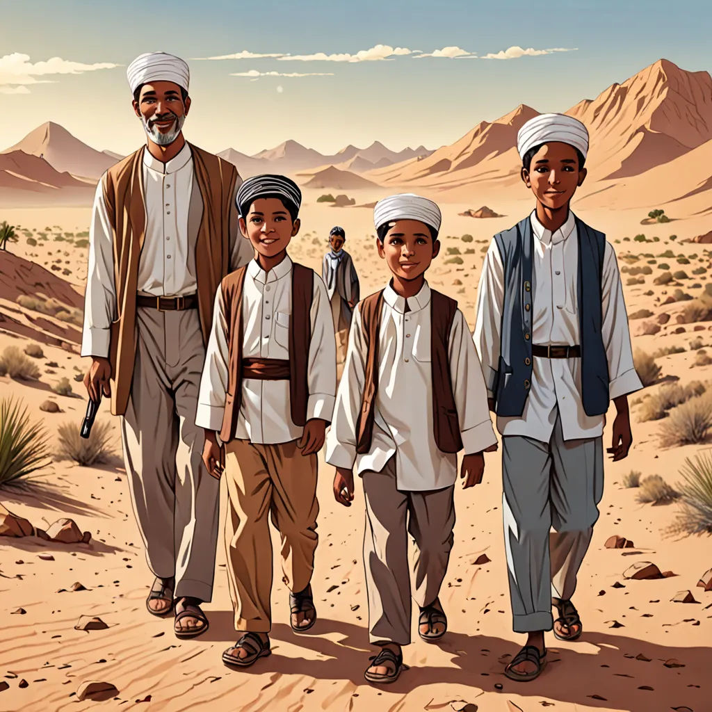 a group of people walking across a desert covered with sand and rocks, with mountains in the background,, hurufiyya, a storybook illustration, Asaf Hanuka, desert