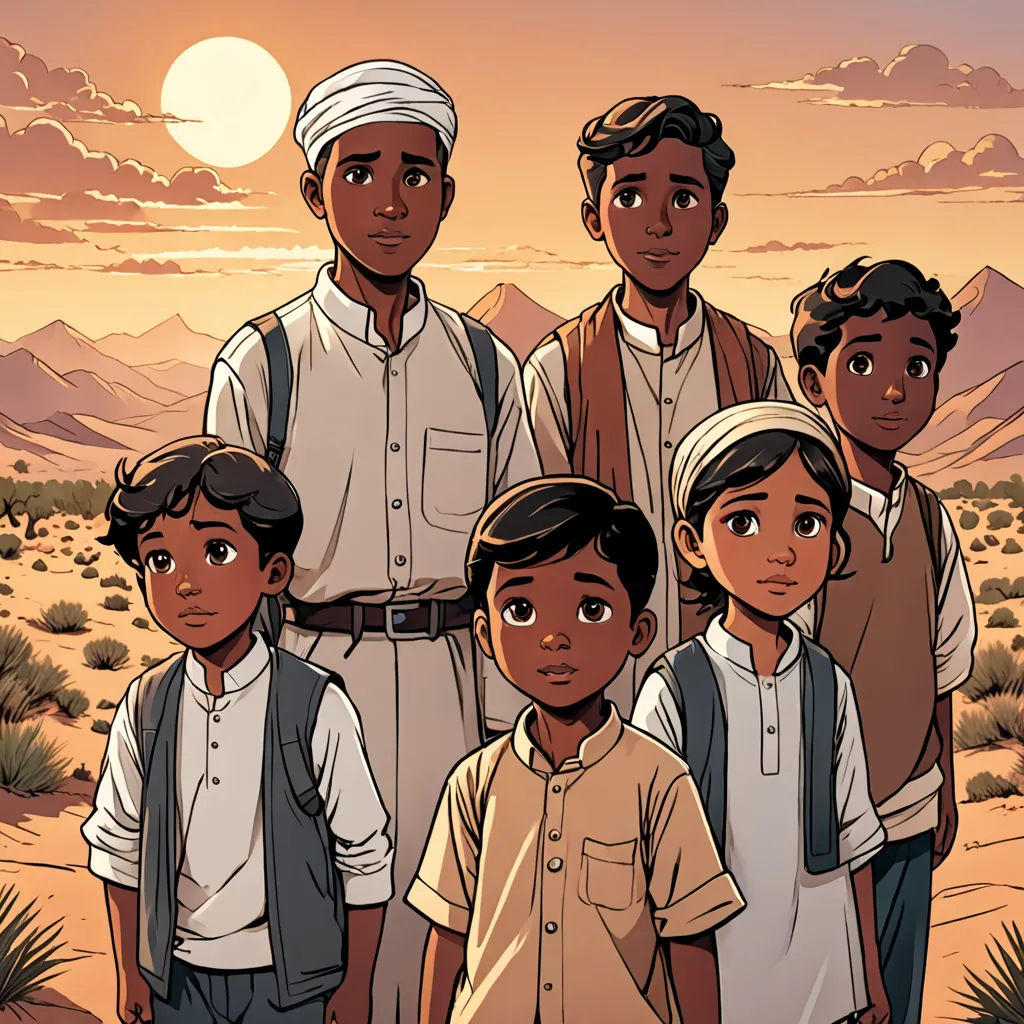 a group of people standing in the desert with a sunset in the background and a desert landscape in the background, hurufiyya, a comic book panel, Asaf Hanuka, comic cover art