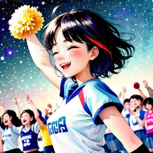 a girl holding a flower in her hand and cheering with other people in the background in a sports field