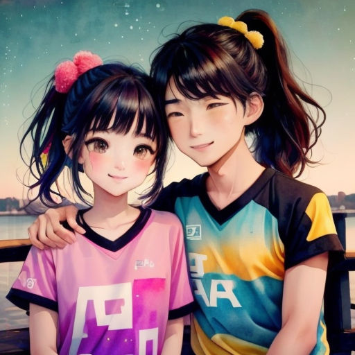 two young girls are posing for a picture together, with the sky in the background and stars in the sky