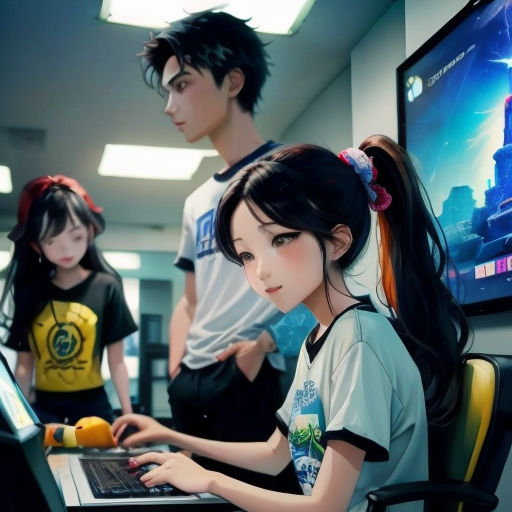 a group of people standing around a laptop computer screen with a girl on the screen and a man on the other side