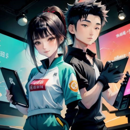 a couple of people standing next to each other holding electronic devices in their hands and looking at the screen