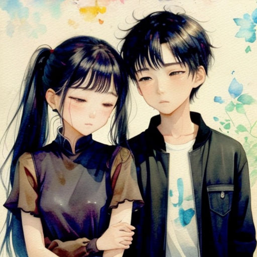 a couple of people standing next to each other in front of a painting of flowers and butterflies on a wall