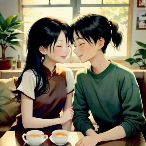 a couple of people sitting next to each other on a couch next to a table with a cup of coffee