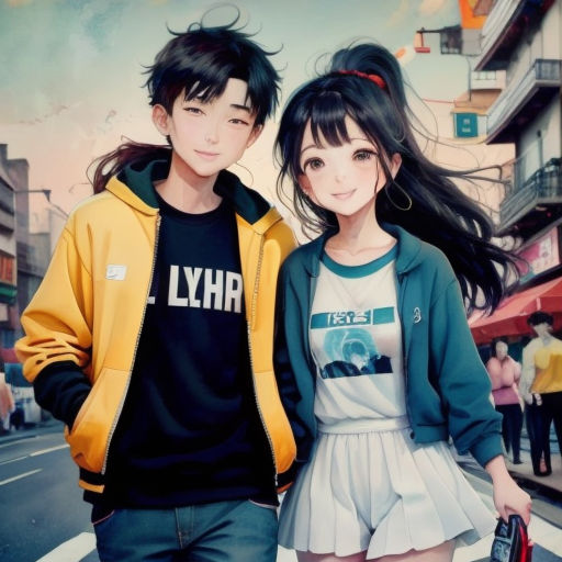 a couple of people standing next to each other on a street with buildings in the background and a painting of a woman holding a purse