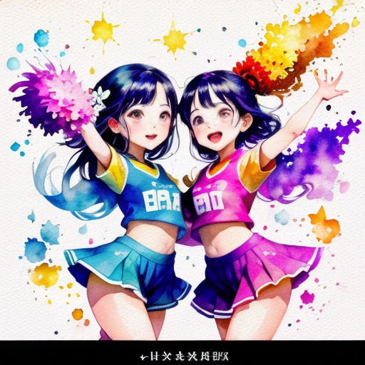 two girls in cheerleader outfits with colorful paint splatters on them and the words,'cheerleader'written in chinese