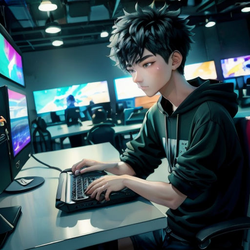 a boy sitting at a desk with a laptop computer in front of him and a monitor with a lot of monitors behind him