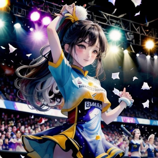 a girl in a cheerleader uniform is dancing in front of a crowd of people in a stadium with stars