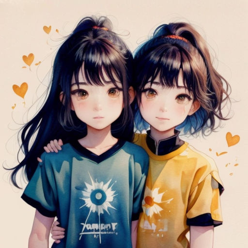 two young girls standing next to each other with their arms around each other, with hearts flying above them