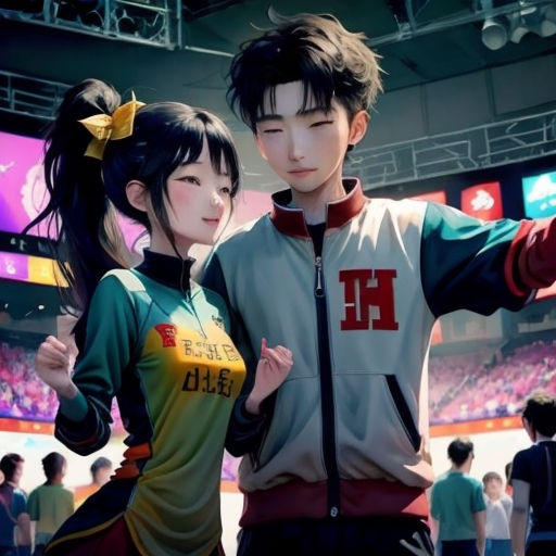 a couple of people standing next to each other in a stadium with a crowd of people watching them from the stands