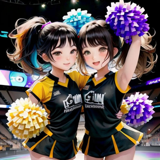 two girls in cheerleader uniforms holding pom poms in their hands and smiling at the camera with a stadium in the background