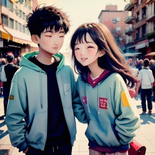 a couple of people standing next to each other on a street with buildings in the background and people walking around
