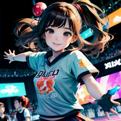 a girl in a blue shirt and shorts is holding a ball in her hand and a ball in her hair