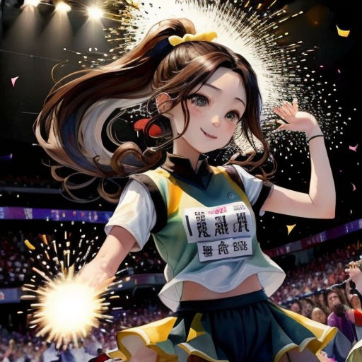 a girl in a cheerleader outfit is dancing with fireworks in the air above her head and a crowd of people in the background