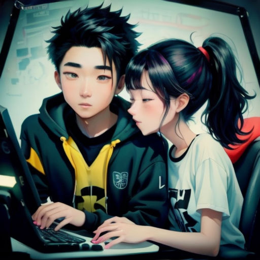 a couple of people sitting in front of a laptop computer computer screen with a person on the keyboard and a person on the computer