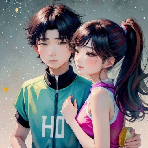 a couple of people that are hugging each other in front of a sky with stars and clouds behind them