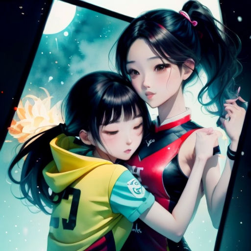 a couple of women standing next to each other in front of a window with a sky background and stars