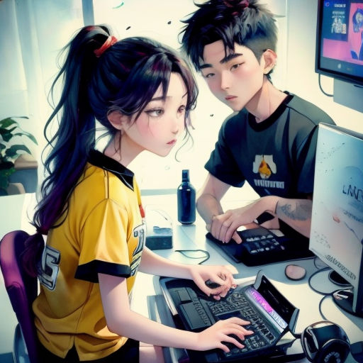 a couple of people sitting at a table with a laptop computer and a keyboard and mouse in front of them