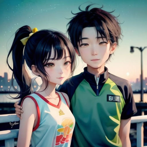 a couple of people standing next to each other near a body of water with a city in the background