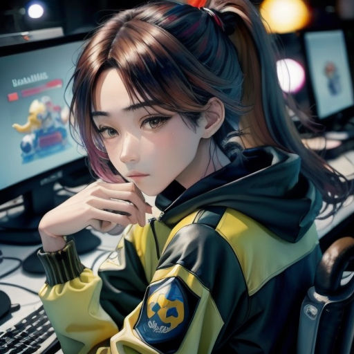 a woman sitting in front of a computer desk with a keyboard and monitor on it's side and a mouse and keyboard on her side
