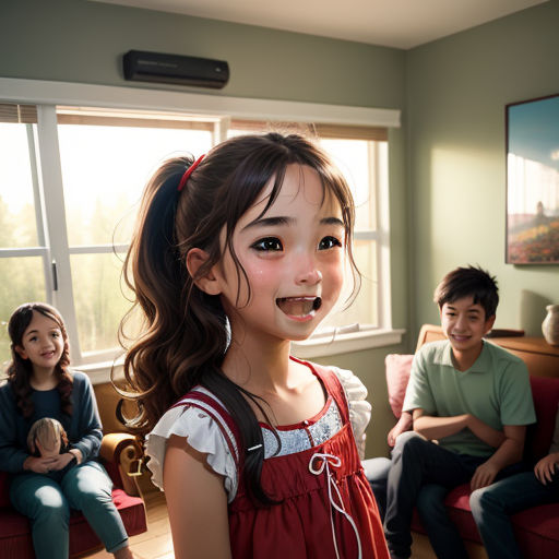 a young girl with a toothbrush in her mouth and three other people in the background sitting on a couch, photorealism, a computer rendering, Beeple, cgstudio