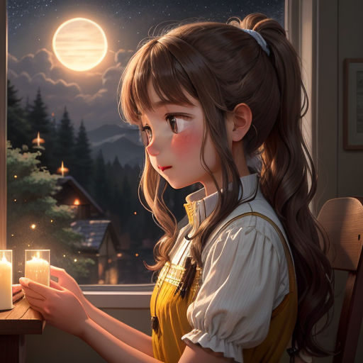 a girl holding a candle in front of a window at night with a full moon in the background and a full moon in the sky, romanticism, an anime drawing, Artgerm, anime art