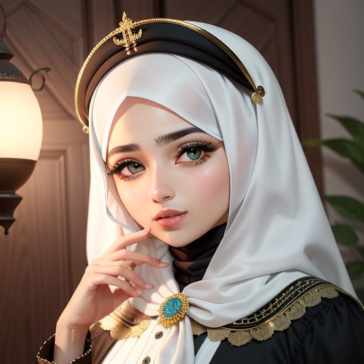 a woman in a white head scarf and a black and white dress with a gold trim around her neck, gothic art, a photorealistic painting, Altoon Sultan, trending on artstation hq