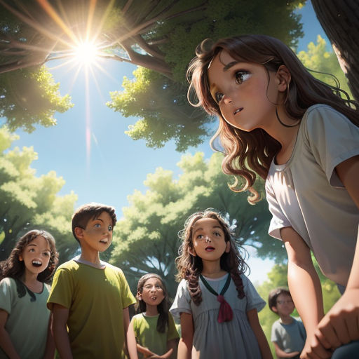 a group of children standing in front of a tree with the sun shining through the leaves on the branches, photorealism, a storybook illustration, Artgerm, rossdraws global illumination