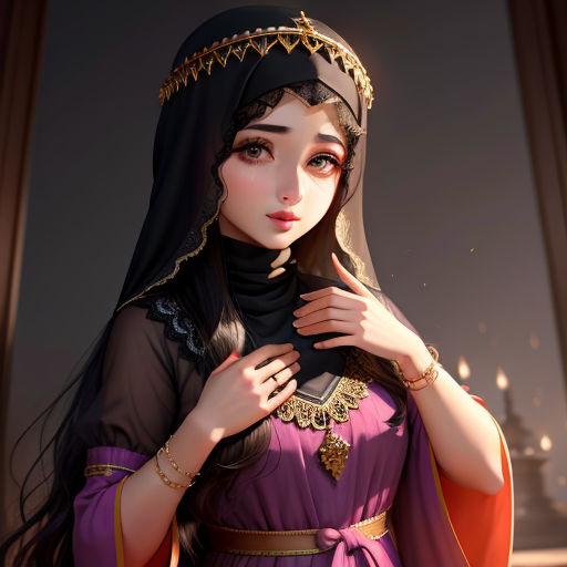 a woman in a purple dress with a black head scarf and a gold necklace and a black veil on her head, qajar art, a character portrait, Altoon Sultan, rossdraws global illumination