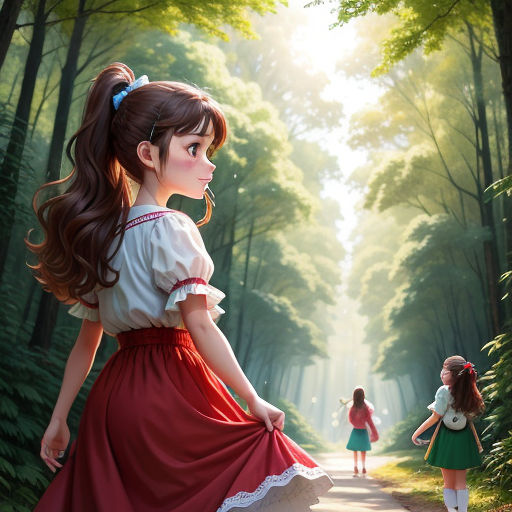 a painting of a girl in a red dress walking down a path with a girl in a green dress, magical realism, a storybook illustration, Alice Prin, cgstudio