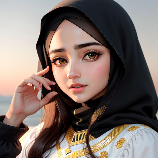 a woman in a black and gold outfit with a black head scarf on her head and a black scarf on her head, hurufiyya, a character portrait, Altoon Sultan, ultra realistic digital art