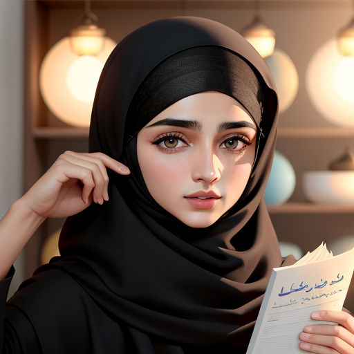 a woman in a hijab reading a book in a room with lights on the wall and a shelf, hurufiyya, a photorealistic painting, Altoon Sultan, ultra realistic digital art