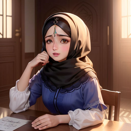 a woman in a hijab sitting at a table with a pen and paper in her hand and a note in front of her, qajar art, a photorealistic painting, Altoon Sultan, rossdraws global illumination
