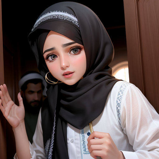a woman in a hijab is standing in a doorway with her hands up and a man in the background, hurufiyya, a photorealistic painting, Altoon Sultan, anime girl