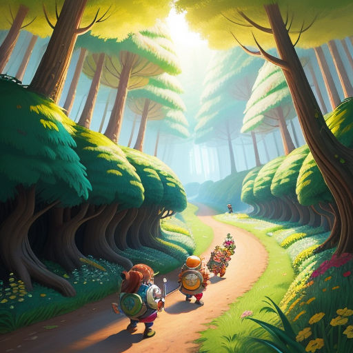 a painting of a cartoon scene with a couple of people walking down a path in the woods with a forest background, fantasy art, a storybook illustration, Chris LaBrooy, game art