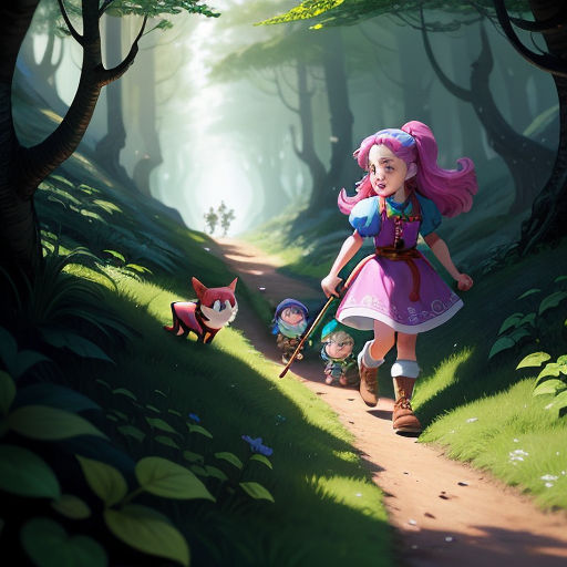 a little girl walking down a path with a dog and a cat on it's back side in a forest, fantasy art, a storybook illustration, Daphne McClure, rossdraws global illumination