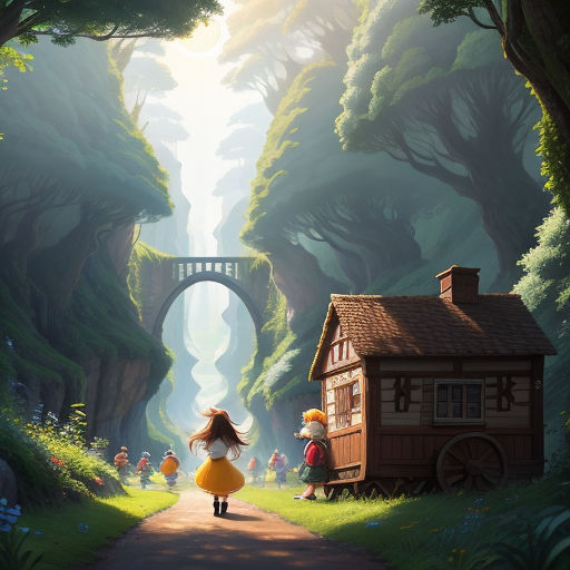 a painting of a girl walking down a path in a forest with a bridge in the background and a house in the foreground, magical realism, a detailed matte painting, Chris LaBrooy, rossdraws global illumination